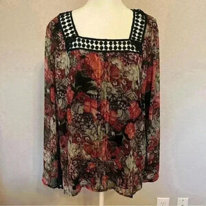 American Glamour Badgley Mischka Black Floral Long Sleeve Blouse Size Large